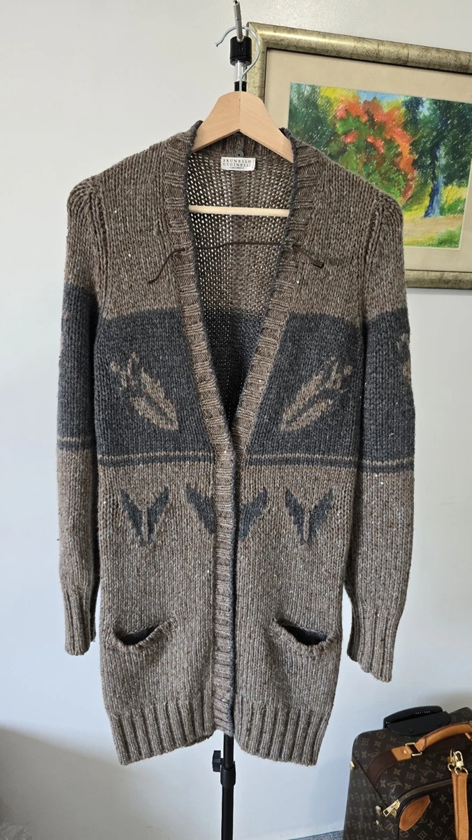 Pull Cardigan Brunello Cucinelli – Maille Rayée, Sequins Et Glitter, Taille M Gris