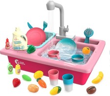 Color Changing Play Kitchen Sink Toy - Electric Dishwasher with Running