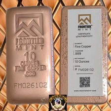 10 oz Fine Copper Bar Frontier Mint .999 Pure with COA Serial # Varies Fast Ship