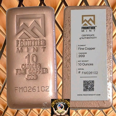 #ad 10 oz Fine Copper Bar Frontier Mint .999 Pure with COA Serial # Varies Fast Ship $48.95