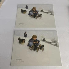 Robert Duncan Xmas Cards Set Of 2 “Down Hill” Sledding Boys & Dog Lang Co. 1992