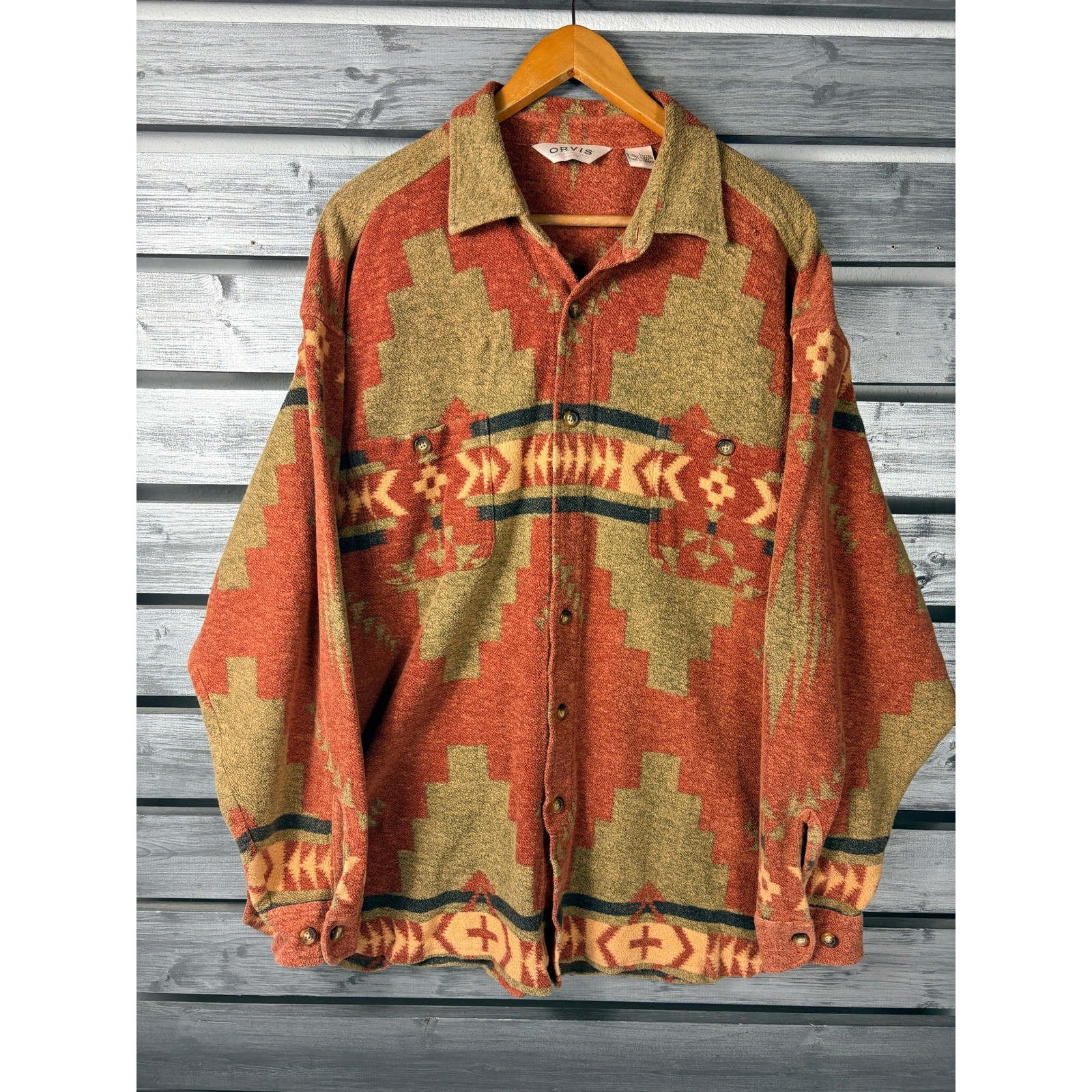 Orvis Mens L Southwestern Geometric Aztec Flannel Button Down Shirt Rust Orange
