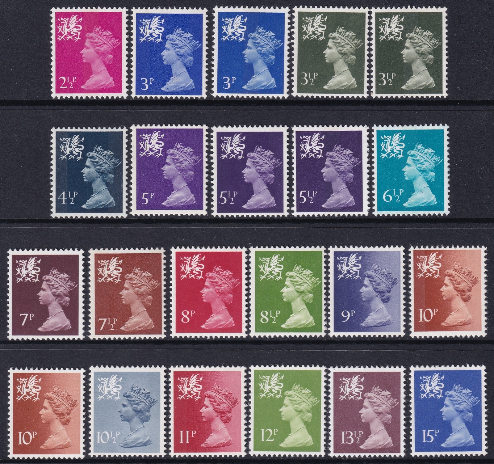 Wales Definitives 1971-80 Harrison SG W13-W34 MNH inc Phosphor 2B & CB