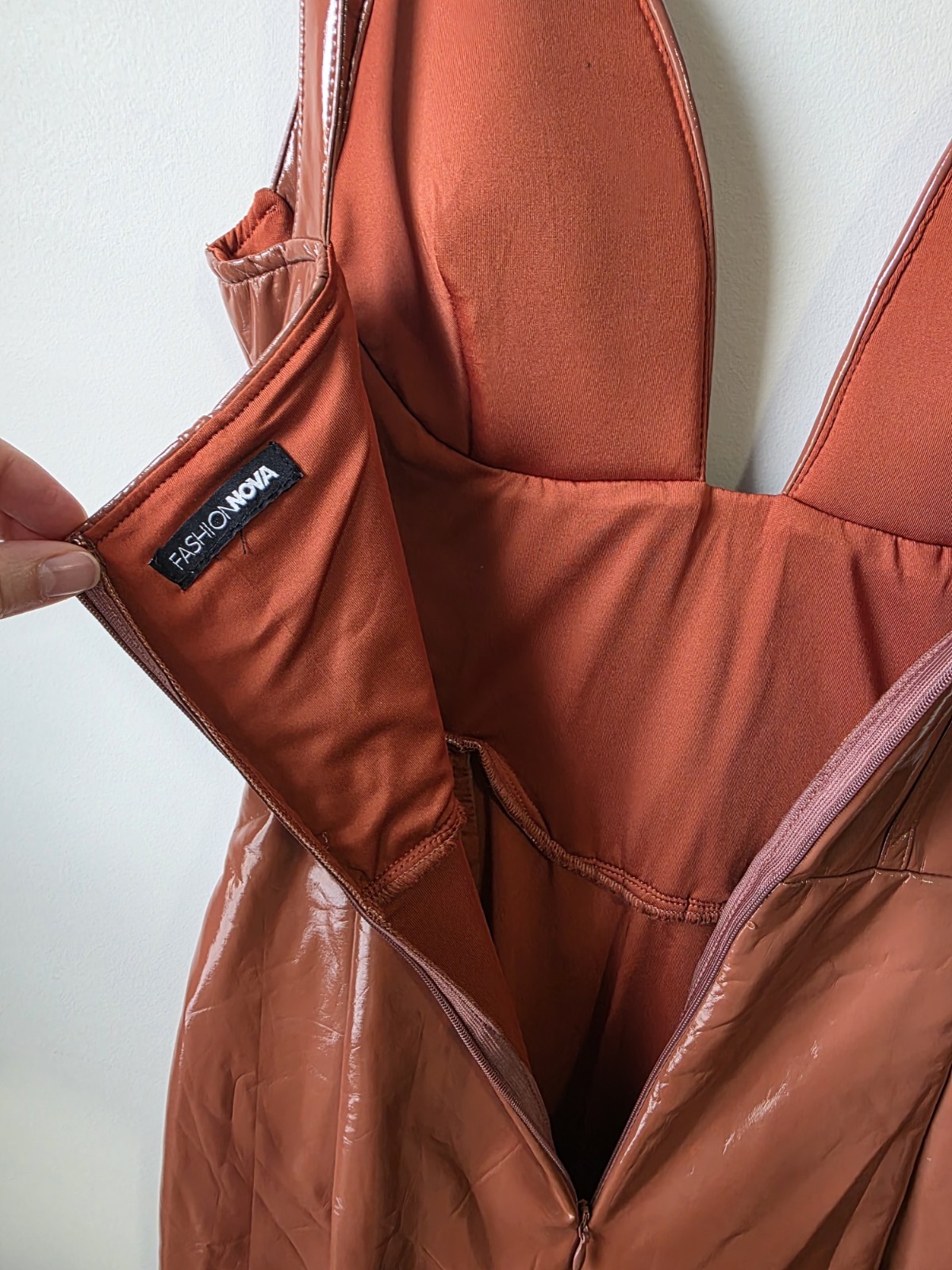 Fashion Nova "Midnight City Latex Midi Dress" Cognac Size S