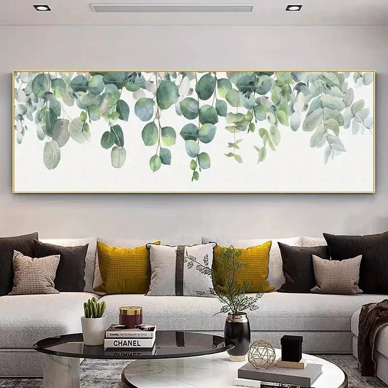 Panoramic Minimalist Elegant Green Leaves Design Canvas Wall Art Home Decor
