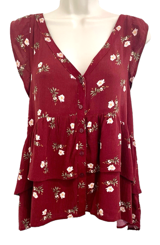 American Eagle Woman’s Sz M Top Maroon Tiered Gauzy Ruffles Floral Fairy Goth
