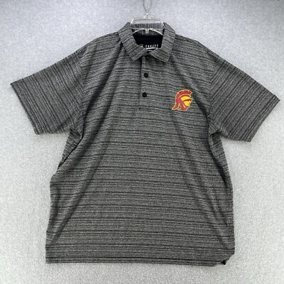 Trojan Apparel Mens Polo Large L Striped Graphic Logo Short Sleeve Black Relaxed