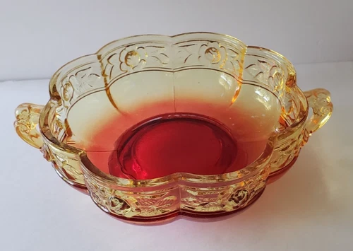 Vintage Jeanette Glass Amberina Candy Dish Red Yellow w Handles