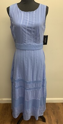 taylor embroidered chiffon midi dress Taylor Chambray Blue Embroidered Sleeveless Chiffon A-Line Midi Dress 8  *defects