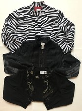  3 Chico  s Jackets: Black With Beads, Zebra Print, And Shimmery Black Size 2