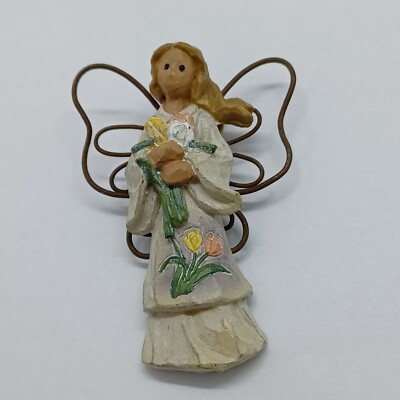 Resin Angel Pinback with Wire Wings Holding Flower Bouquet Brooch or ...