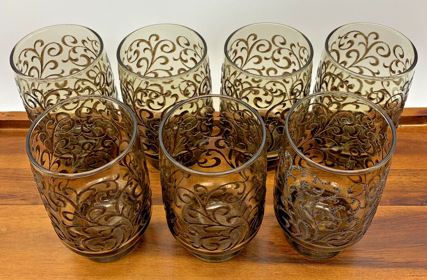 Set of 7 Vintage 1970s Libbey Glass Prado Tawny Brown 10 oz Flat Tumblers EUC