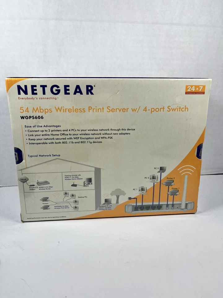 Netgear WGPS606 54 MBPS Wireless Print Server w/ 4 Port Switch NEW SEALED - Image 2 of 4