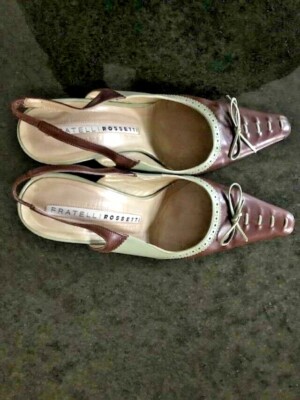 Fratelli Rossetti Made in Italy Leather Brown Slingback Heals w Green accent 38