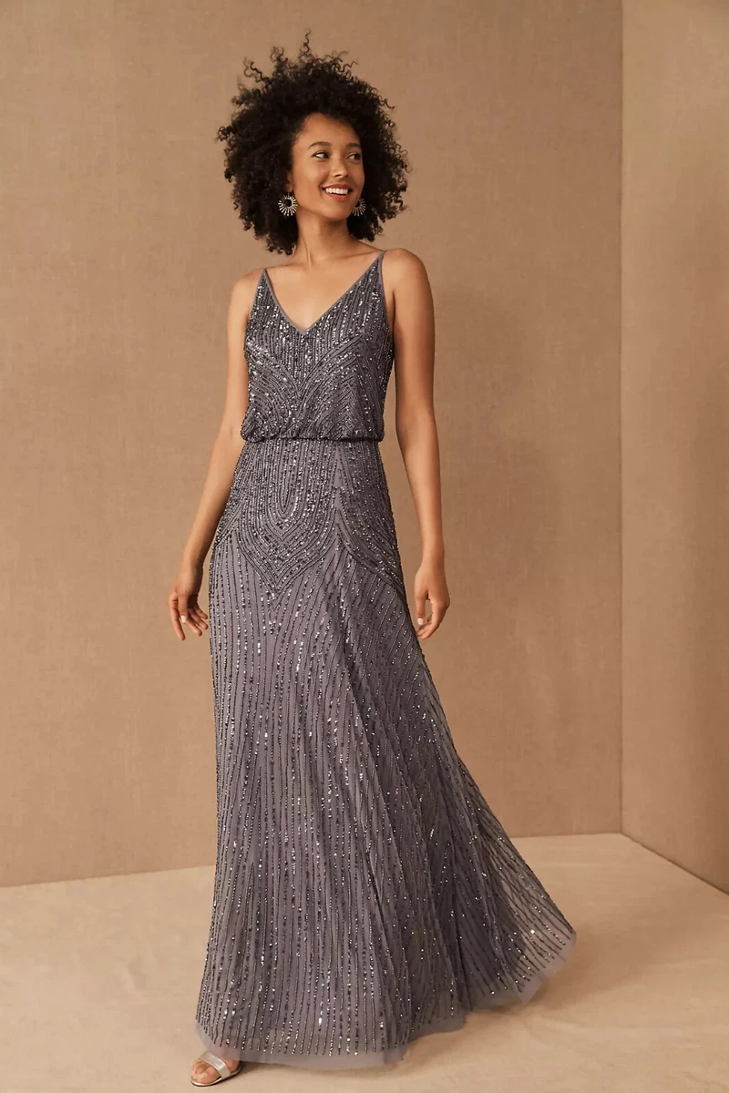 NWT Anthropologie BHLDN Fidelia Beaded Maxi Dress Hydrangea Gray