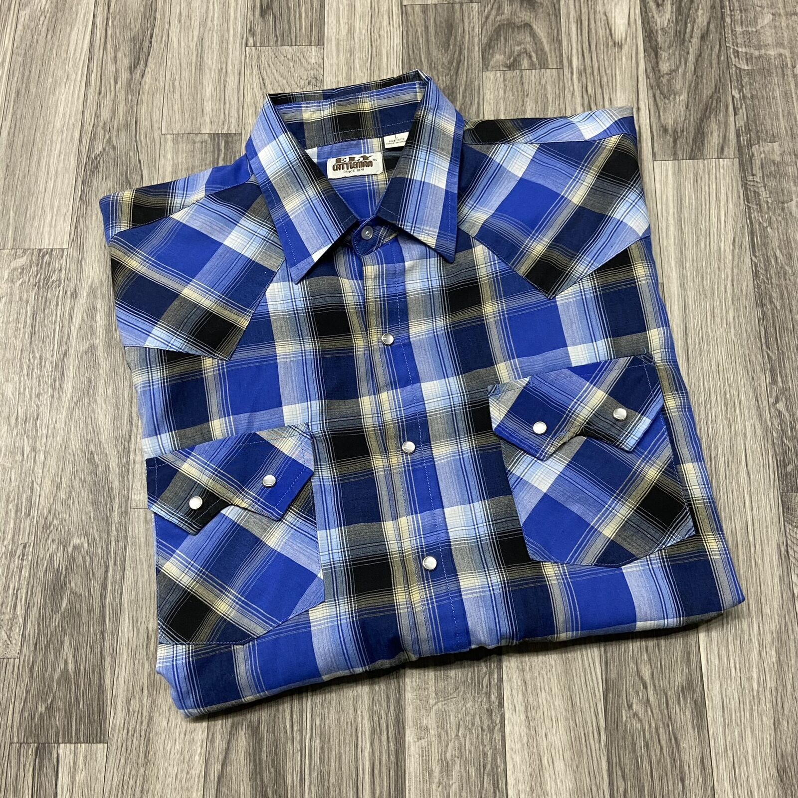 ELY CATTLEMAN Button Down Collared Blue Plaid Cas… - image 1