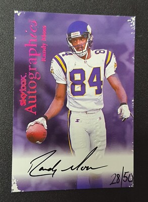 1999 SkyBox Premium Autographics Red Foil Randy Moss AUTO SP 28/50 HOF  FLAWS 