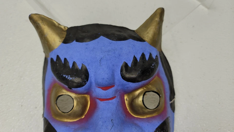 Vintage Blue Devil Japanese Geisha Woman Halloween Face Mask Paper Mache - Image 3 of 4