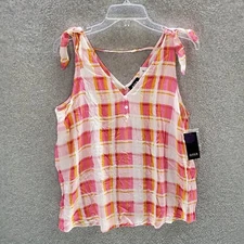 ANA A New Approach Women Top Medium Pink Orange Plaid Tank Henley V Neck NWT