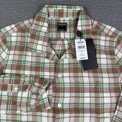 Todd Snyder Shirt Mens S Long Sleeve Beige Green Flannel Loop Camp Collar NEW