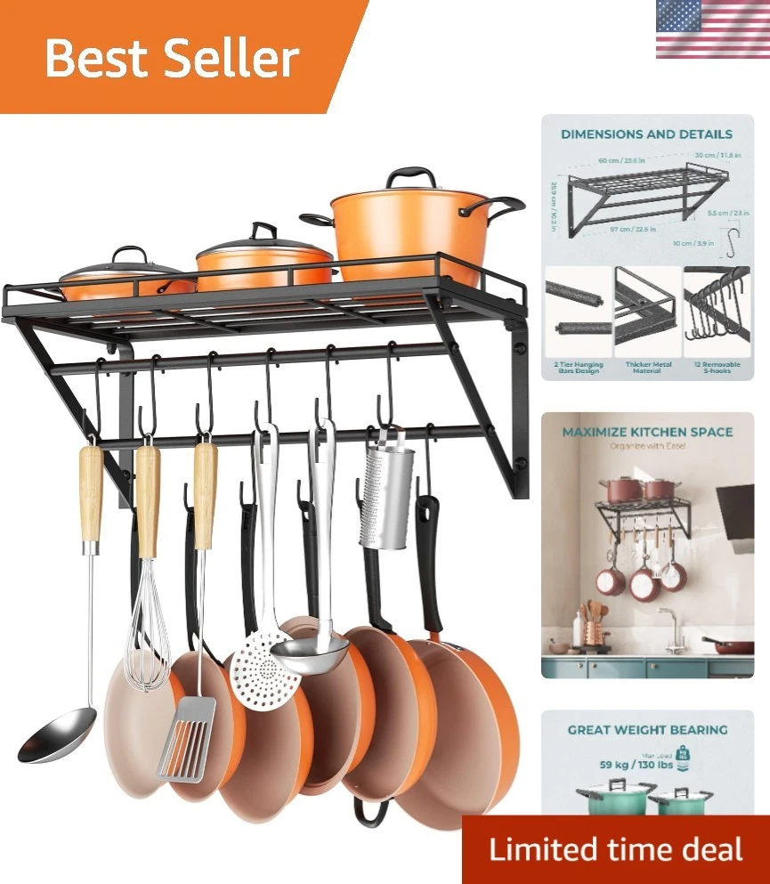 23.6-Inch Wall Mounted Pot Rack with 12 Hooks - Elegant Kitchen Organizer
