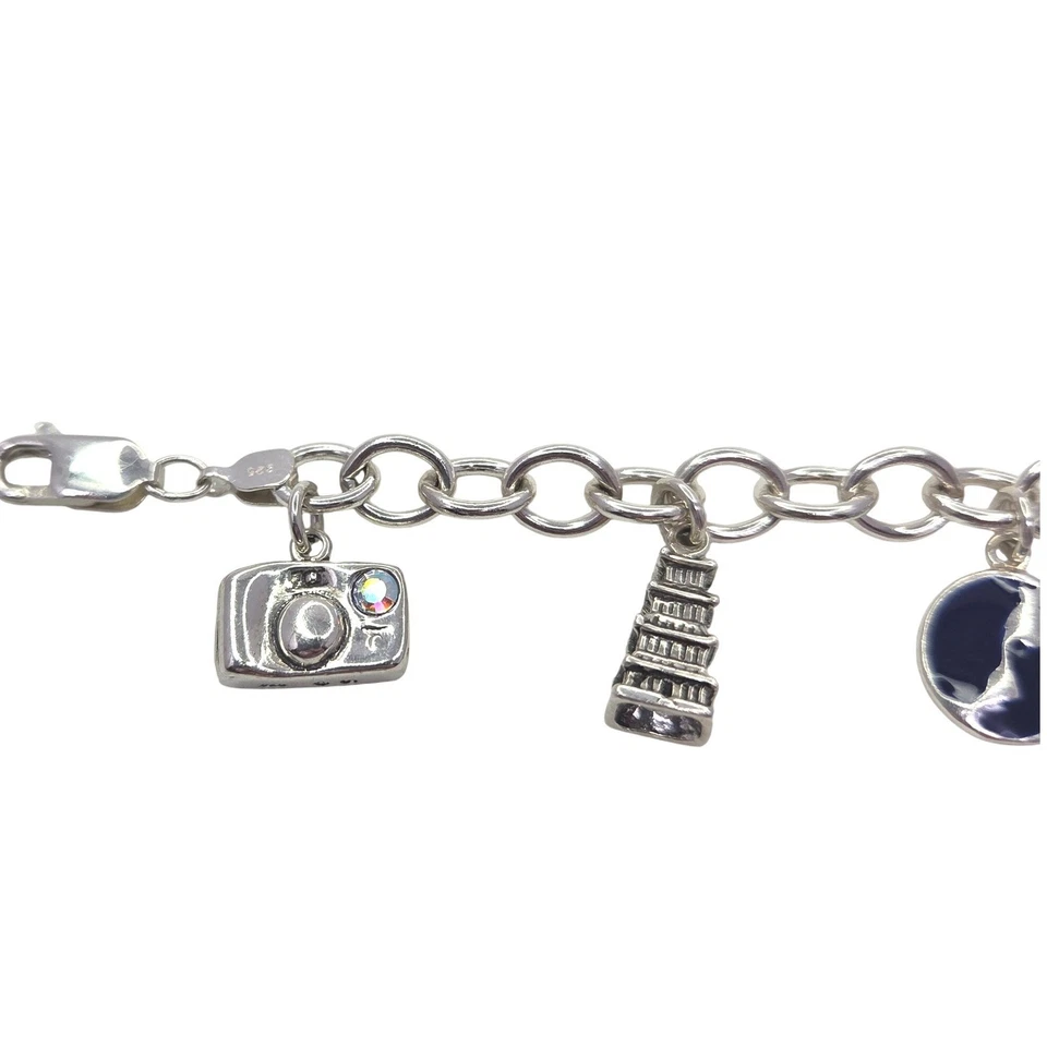 VTG Sterling Silver Travel Charm Bracelet Eiffel Tower Paris Passport 7" 25.8g - Image 4 of 4