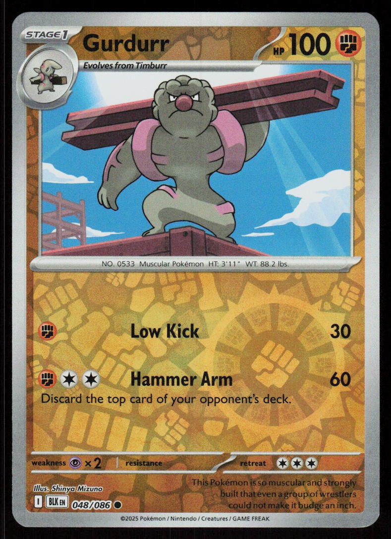 Gurdurr 048/086 Common Black Bolt Pokemon Reverse Holo Near Mint