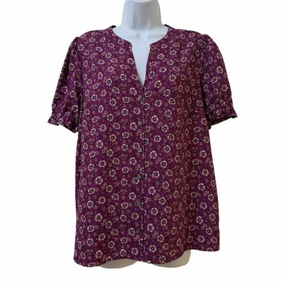 J Crew Womens Floral Puff Sleeve Button Up Top Size L Purple Bloomcore Spring