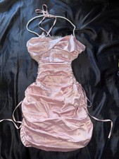 Seven Agent Pink Satin Ruched Mini Dress with Pearl Halter – Size M