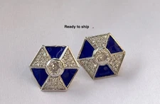 Light weighted Handmade Studs Blue Enamel Moissanite 925 Silver 14k Polish Gift