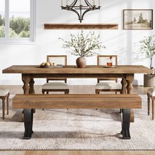 55 Inches Farmhouse Dining Bench, Wooden Kitchen Table Seat with Metal X-Shaped