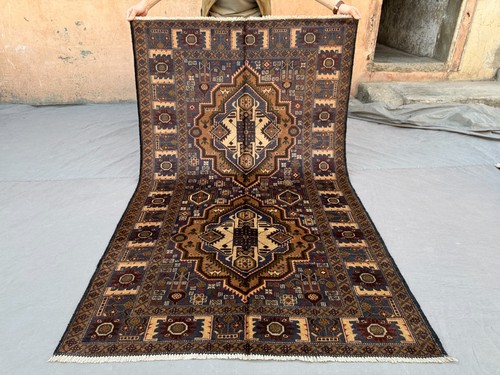 Vintage Afghan Hand-Knotted Wool Tribal Rug, Geometric Nomadic Kitchen Area Rug