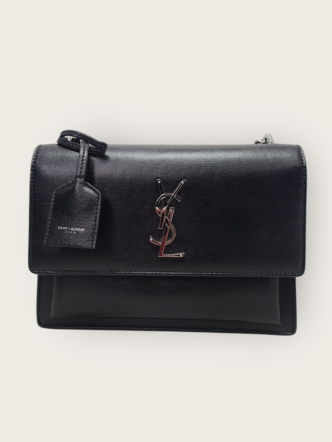 Saint Laurent nero monogramma argento catena tramonto borsa a tracolla media