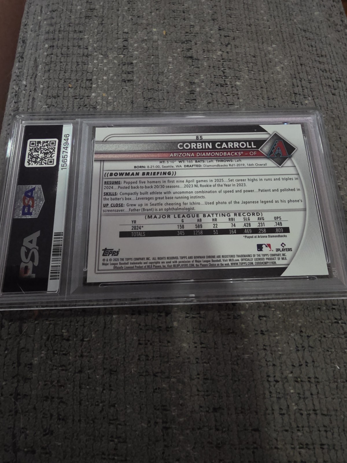 2025 Bowman Chrome Corbin Carroll Gold Refractor 12/50 PSA 9 view 2