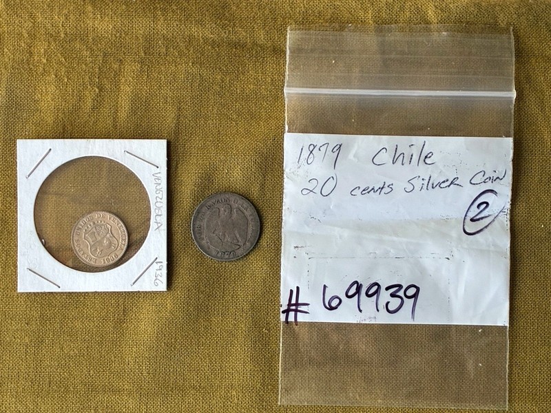 2~Coins: 1) 1936 Venezuela 5 Centimos In Pkg. & 2) An 1879 Chile 20 Cents Silver