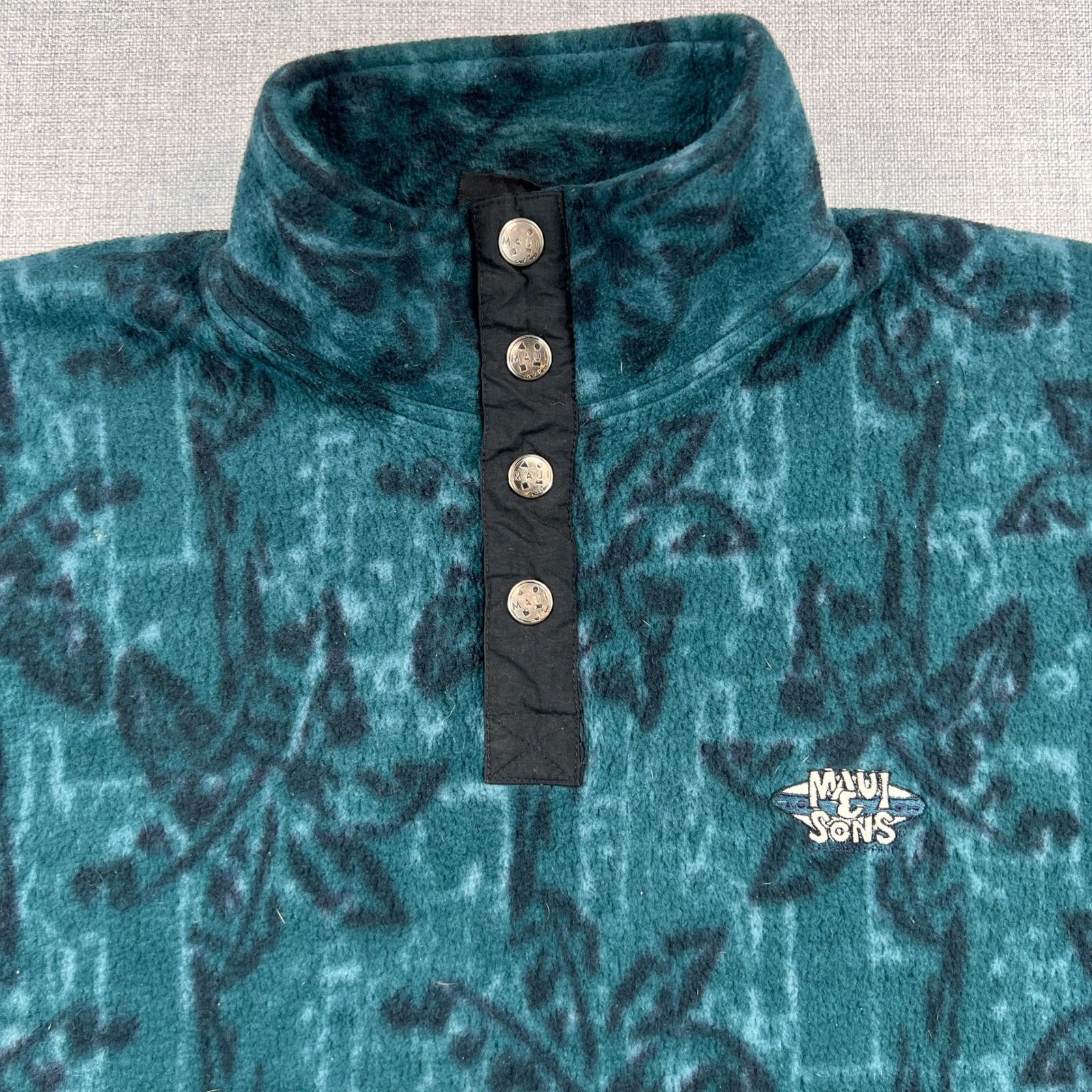 VTG 90s Maui and Sons Snap Fleece Pullover Mock Neck Men Medium Teal Retro Surf image 2