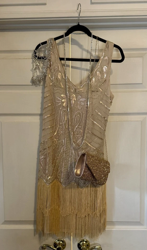 Vestido Gatsby Roaring Años 20 Cuentas Aleta con Accesorios Crema Dorado Claro Elegante S Foto 2 de 4