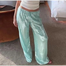 Fashion Solid Sequined Straight Pants For Women Loose High Waist Wide Leg Trouse