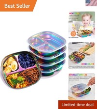 Stainless Steel Kids Plates - 5 Pack Toddler Plates with Lids - Non Toxic  D...