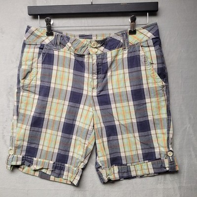 Faded Glory Stretch Shorts 12 Plaid Check Green Orange Casual Flat Front Pockets