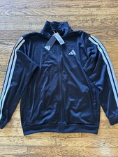 ADIDAS Track Jacket Full Zip Mens Large 3 Stripes Tricot Black White Gym Run NWT
