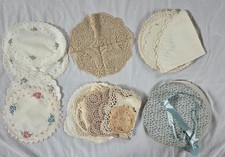 Lot of 54 Lace and Linen Doillies, Round  Oval, Vintage, Handmade, Embroidered