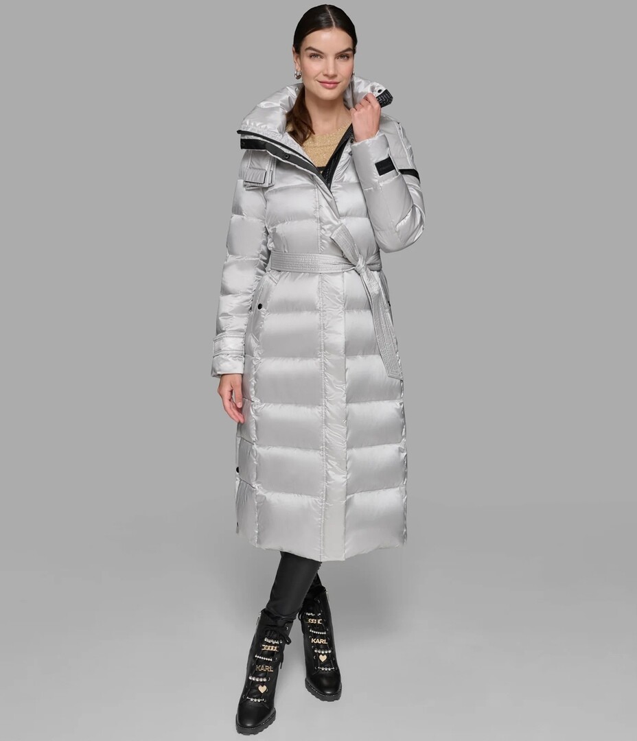 NEW Karl Lagerfeld Paris Contrast Maxi Belted Long PUFFER COAT