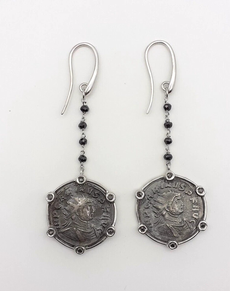Orecchini argento 925 monete romane gioiello donna diamanti neri spinelli neri - Immagine 2 di 3
