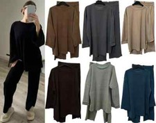 Women Tracksuit Co Ord Set Ribbed Loungewear Oversized Top And Wide Leg Trouser