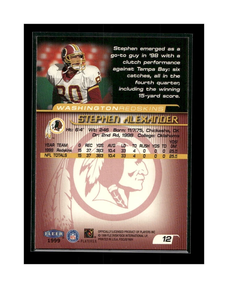 1999 Fleer Focus Stephen Alexander #12 FOOTBALL - Image 2 of 2
