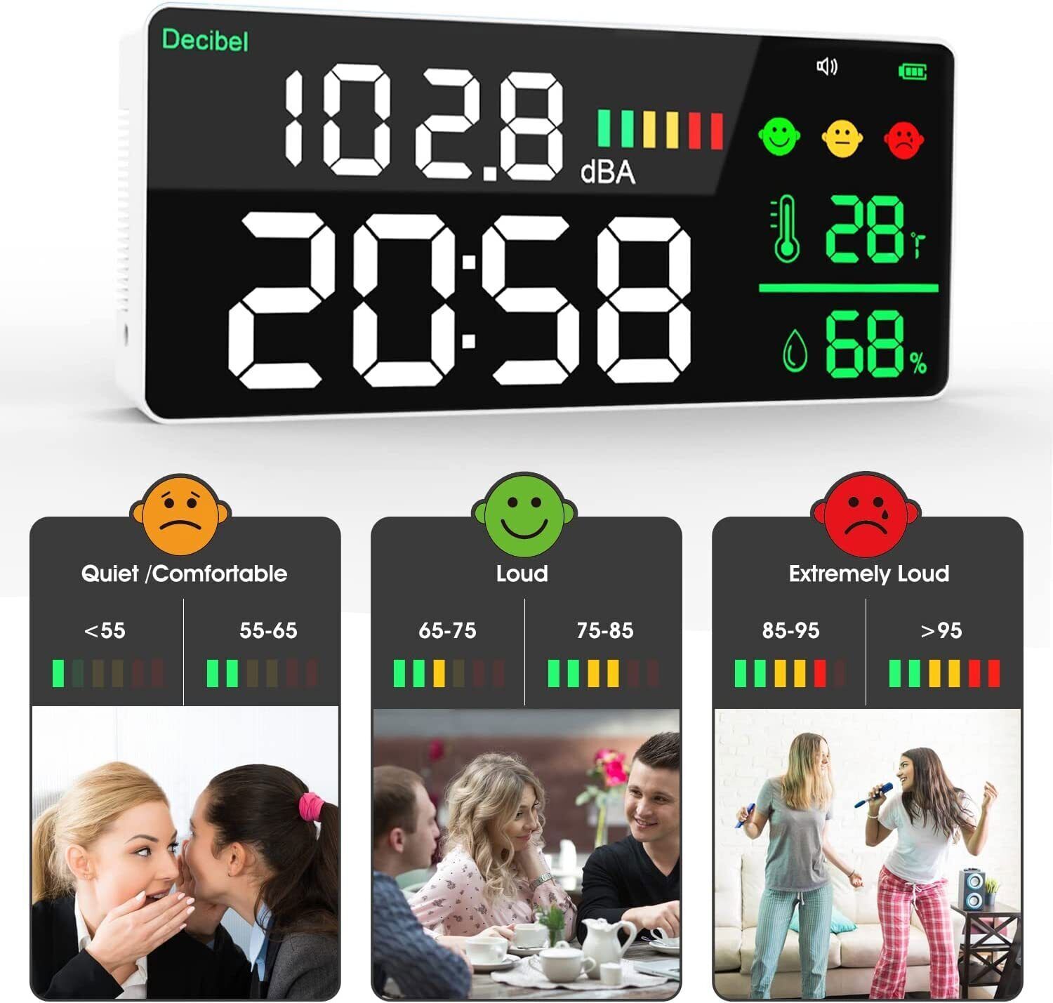 Dezibel-Schallmessgerät 30-130dB Lärmmessgerät Temperaturmessgerät LED-Display 