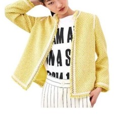 Zara Yellow White Blazer Jacket M Uk14 Boucle Tweed Blogger Fringe Fantasy Party