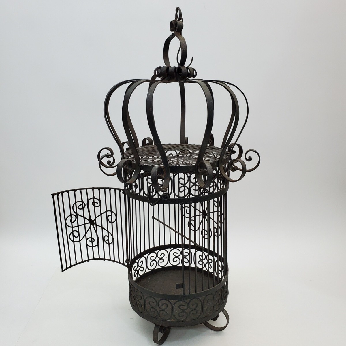 Large Vintage Wrought Iron Scrolled Hanging Bird Cage/DIY Pendant