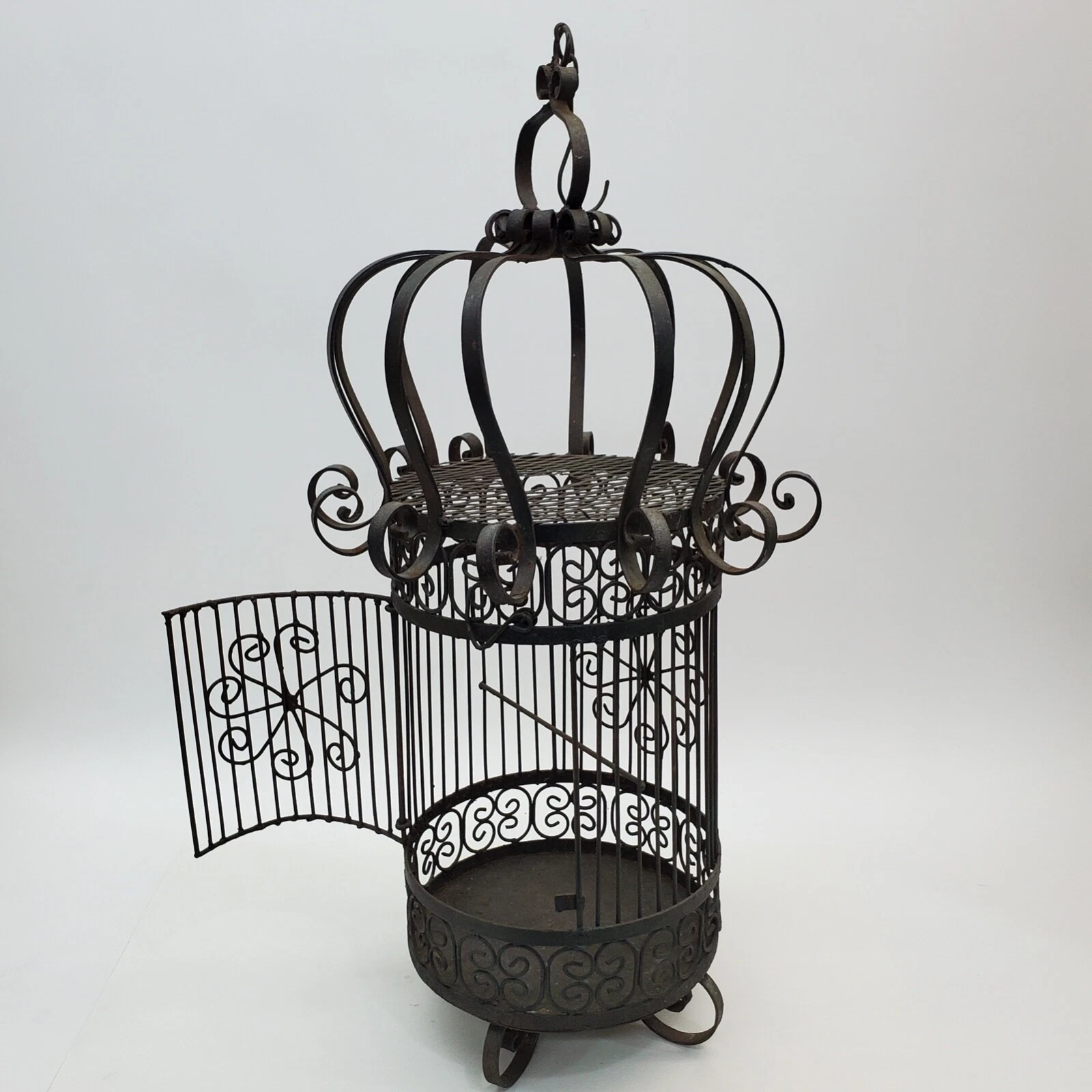 Large Vintage Wrought Iron Scrolled Hanging Bird Cage/DIY Pendant Mexico 30"
